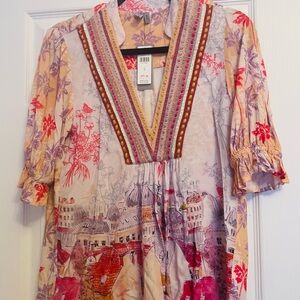 Anthropologie Pink and Orange Graphic Ruched Blouse